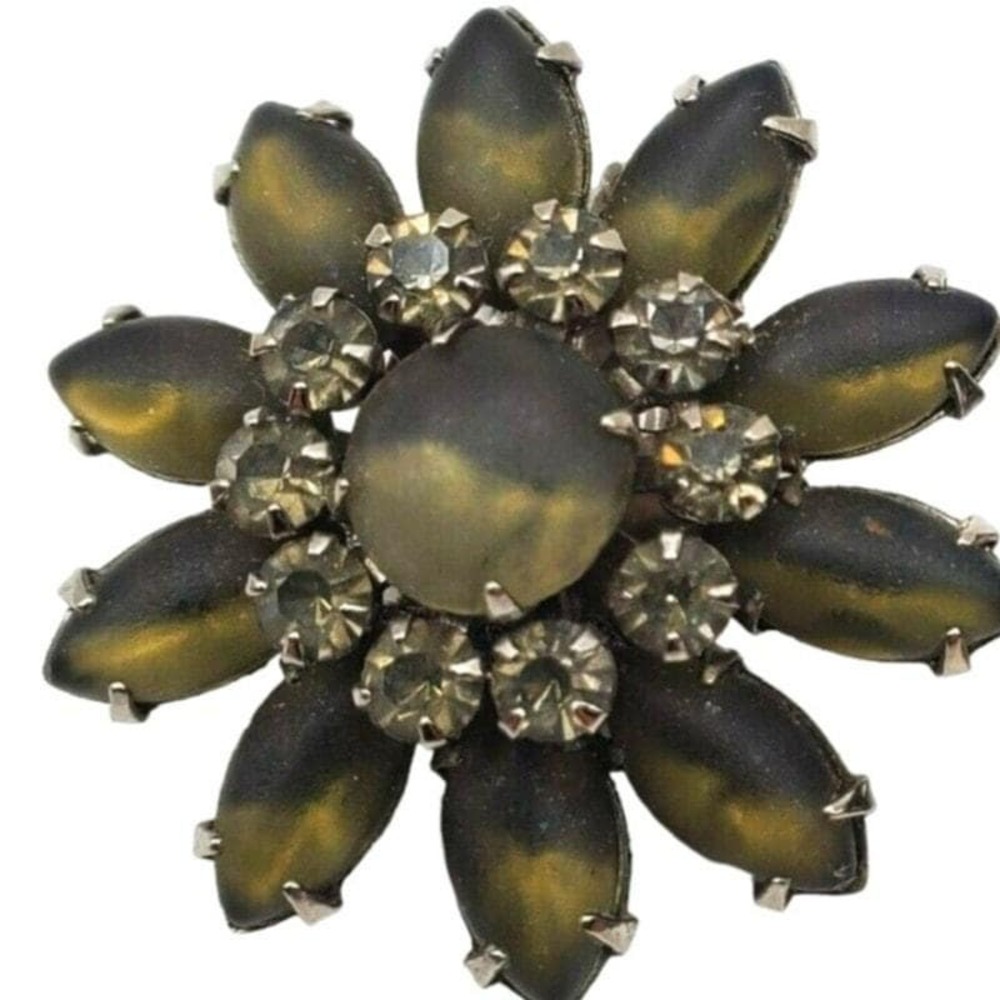 Flower Earrings Judy Lee Rhinestone Satin Gray Green Layered Petal Clip On 1960s